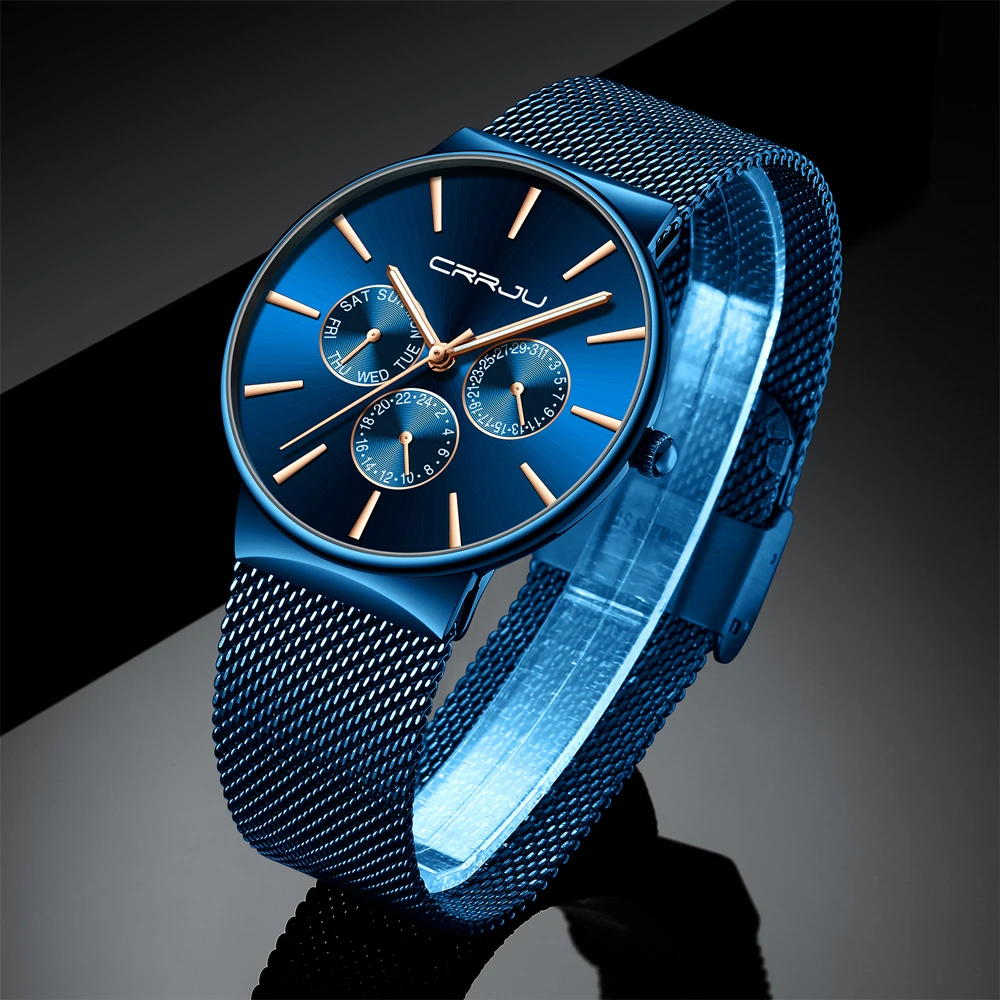 Reloj hombre CRRJU мужские синие часы с хронографом ультра тонкие модные наручные для