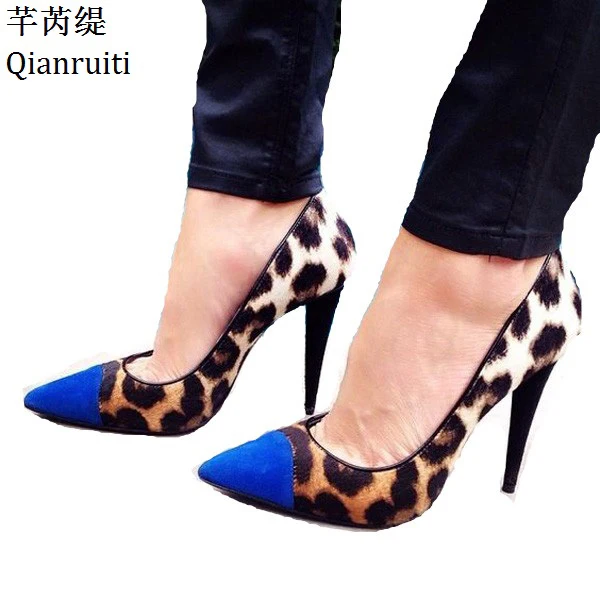 

Qianruiti Sexy Leopard Pointed Toe Women Pumps Mixed Colors Suede High Heels Shoes Kim Kardashian Style Spike Heels Wedding Shoe