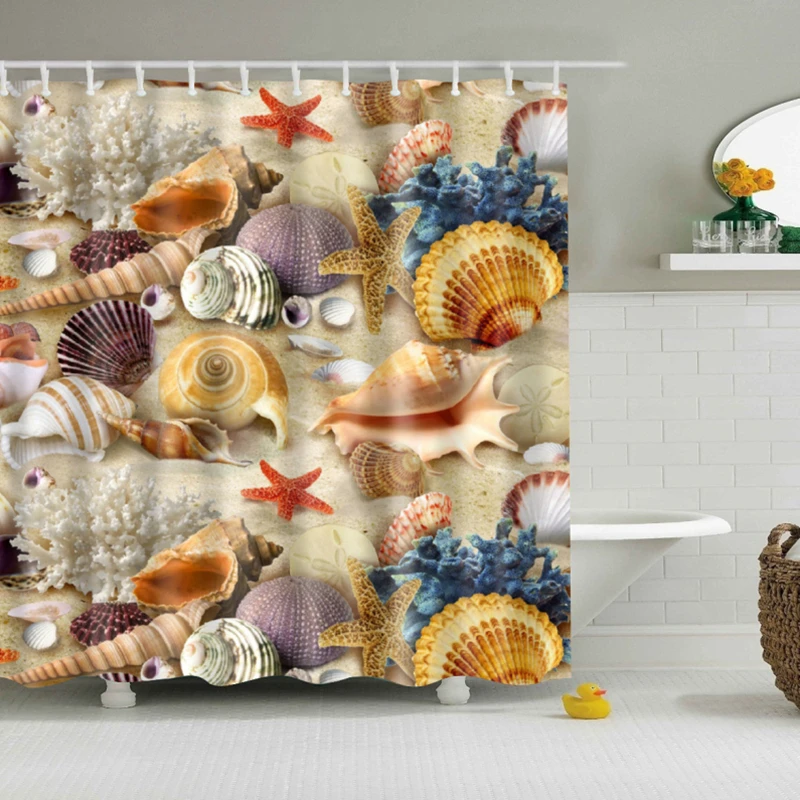 Kaufen Neue Bunte Umweltfreundliche Strand Conch Starfish Shell Polyester Hohe Qualität Waschbar Bad Decor Dusche Vorhänge