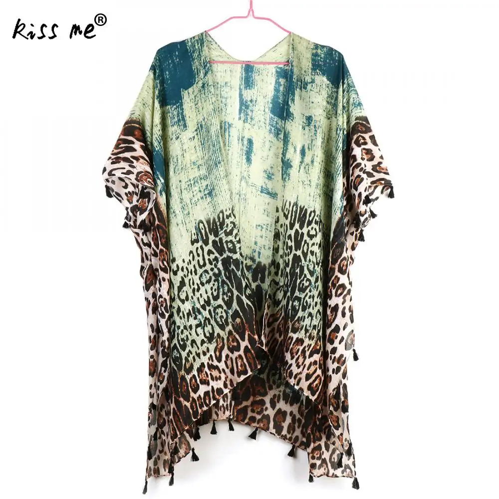 

Irregular Tassel Summer Beach Cover Up For Women Kimono Bohemian Style Leopard Print Sexy Bikini Covers Up Female Shirt