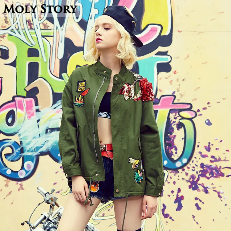 Fashion High Street Patches Army Green Jackets Embroidery Chic Floral