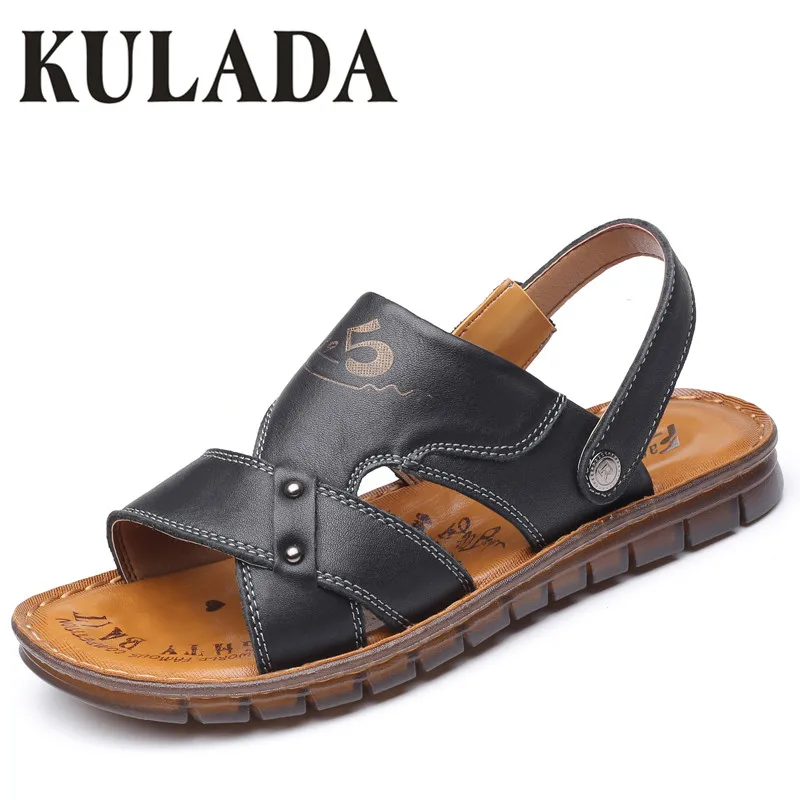 

2019 New Men Sandals Shoes Summer Genuine Leather Natural Fashion Hollow-Out Casual Comfortable Men's Beach Slippers