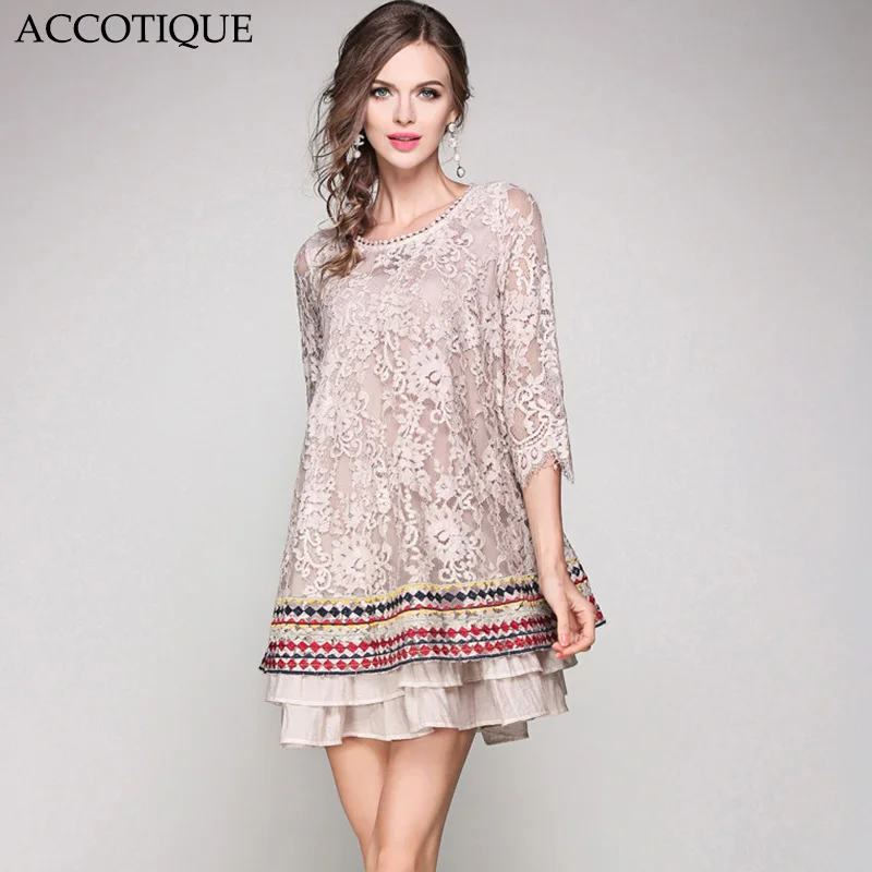 

New Spring Summer Women's Lace Hollow Out Short Dress Female Cascading Ruffle Elegant Slim O-Neck Casual Dresses