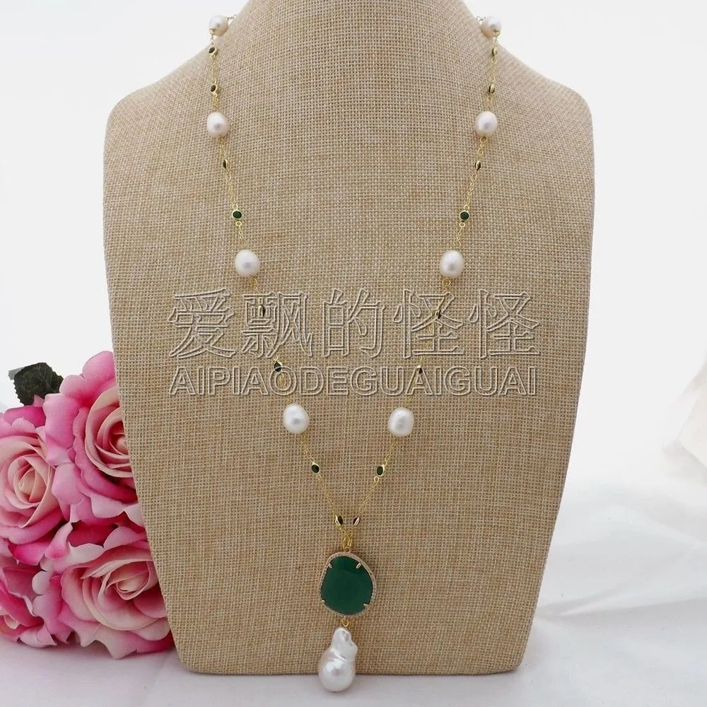 N090606 26 ''белый жемчуг в форме риса зеленый кристалл цепи ожерелье Кеши жемчужный кулон