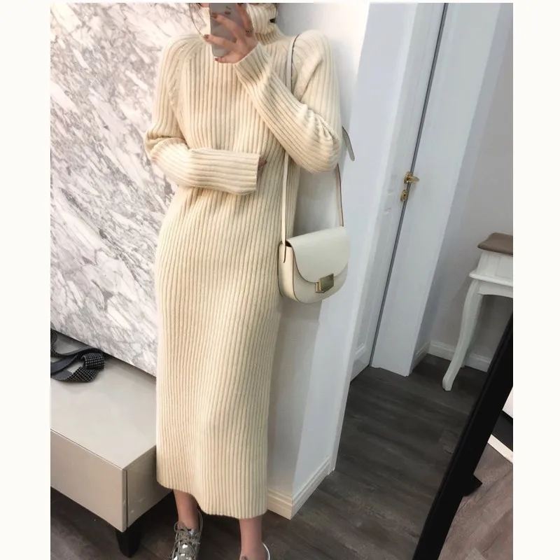 

Women Autumn Winter Sweater Knitted Dresses Slim Elastic Turtleneck Long Sleeve Sexy Lady Bodycon Robe Dresses Vestidos