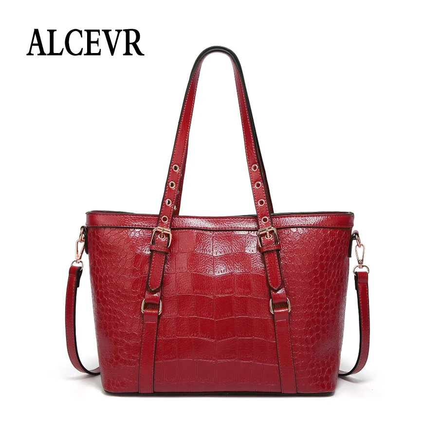 

ALCEVR Soft Handle Big Casual Tote For Women Solid Color Alligator Pu Leather Crossbody Bags Female Daily Business Shoulder Bag