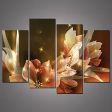 4 Panel Modern Picture Paintings Wall Pictures Golden Flower Print On Canvas Cuadros Decoracion Modular Pictures free shipping
