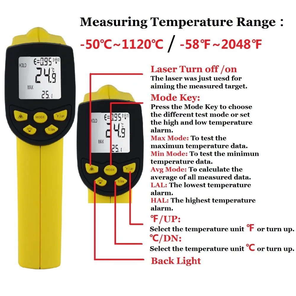 2 шт. HoldPeak hp-1120-50~ 1120 Инфракрасный цифровой термометр лазерный ИК измеритель температуры пистолет термо пирометр
