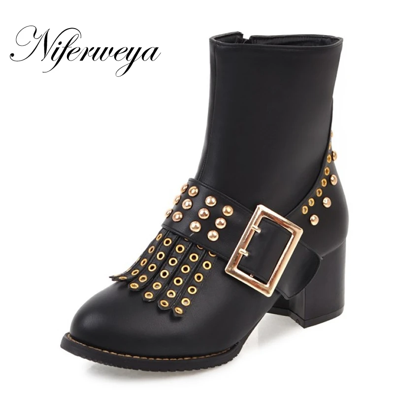 

New spring/autumn thick heel high heels Big size 32-48 women shoes fashion rivets decoration zipper Ankle boots zapatos mujer