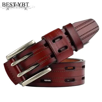 

Best YBT Unisex leather belt brand new fashion belt men high quality women double needle buckle soft waist men belt