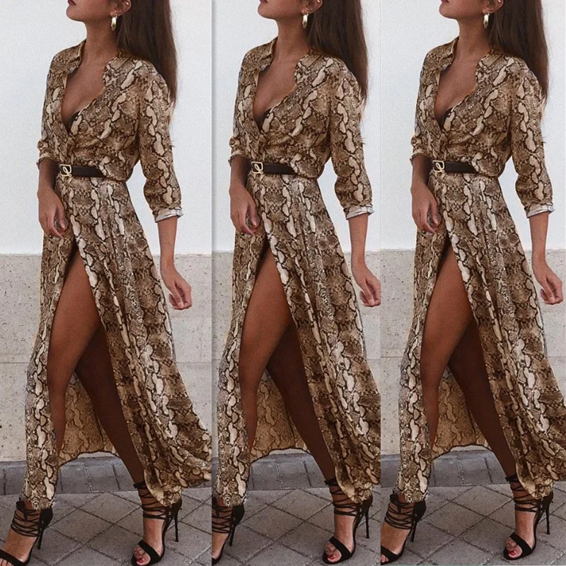MEZETIHE осень зима платье Для женщин Винтаж Sexy Snake Skin печати рубашка Дамы с длинным