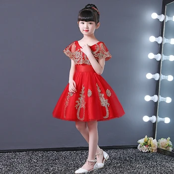 

Red Flower Girl Dresses for Wedding Gold Appliques Ball Gown Kids Pageant Dress for Birthday Costume Princess Party Gowns B183