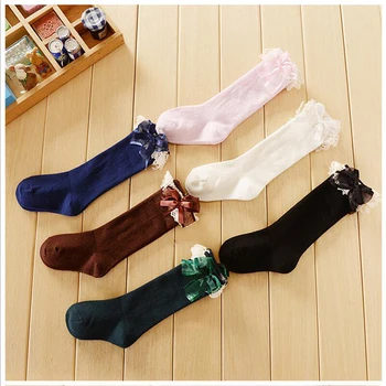 

Girls Kid Socks Children's Knee High Socks With Lace Baby Leg Warmers Cotton Princess Style Bow Knee High Long Socks