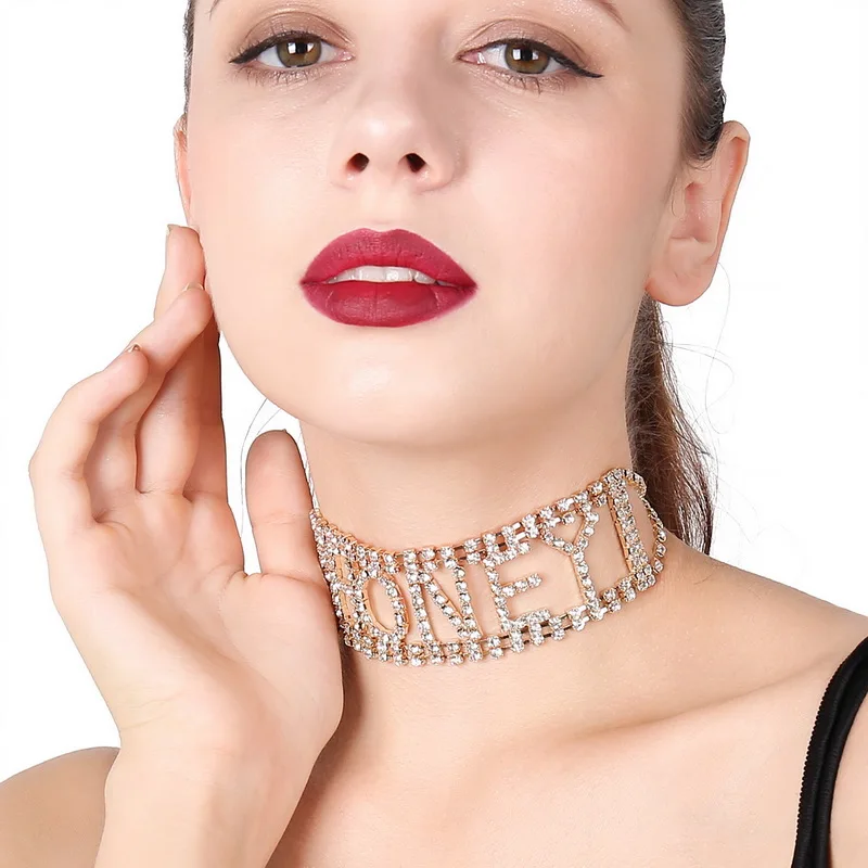 Rhinestone Shiny Chokers for Girls Sexy Punk Letter Night Entertainment  Venue Statement Party Necklace