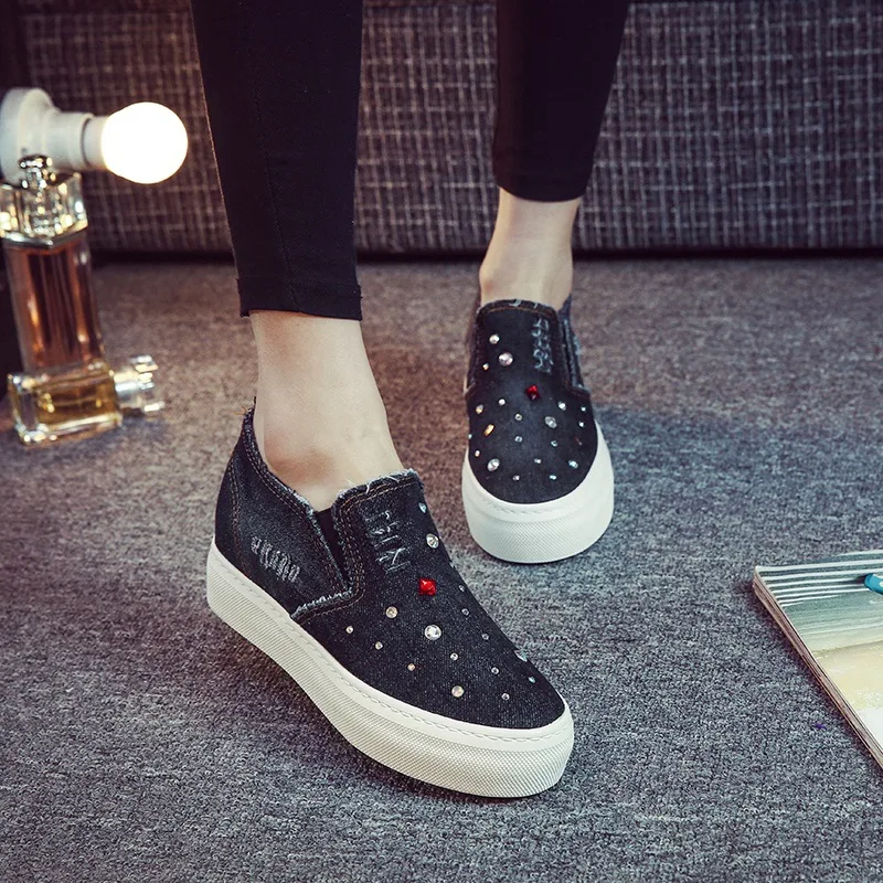 New Spring Fashion Rhinestone Style font b Women b font Denim Canvas Loafers Shoes Platform A