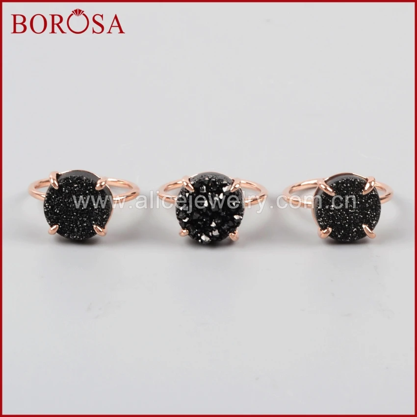 BOROSA Druzy каменное кольцо 12 мм круглое розовое золото черный серебряный цвет коготь