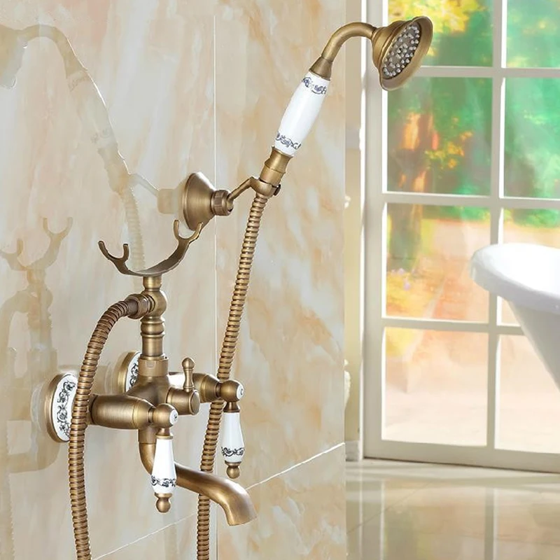 Classic Shower Faucet Set Mixer Tap Antique Bronze Decor Ceramic Brass Wall Mounted Bath Shower Tap Bathtub Faucet Crane H-01