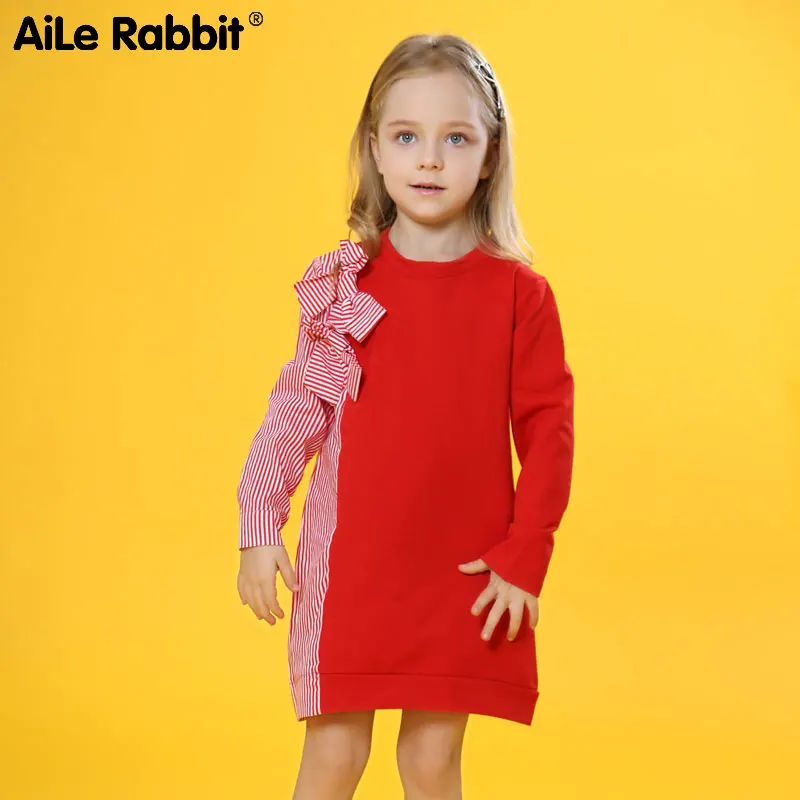 AiLe Rabbit 2018 Spring New Girls Dresses Long-sleeved Bow Unique Design Stitching Brand Boutique Children's Clothing 5-9y | Детская