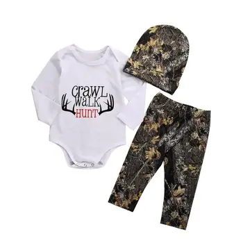 

Letters Crawl Walk Hunt Baby Clothes Sets Long Sleeve Top Romper Printed Pant with Hat 3PCS Baby Boys Girls Clothing Sets 0-18M