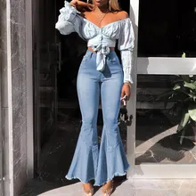 Мода новые женские Лоскутные расклешенные джинсы с оборками летние винтажные джинсовые штаны на молнии с высокой талией модные длинные брюки