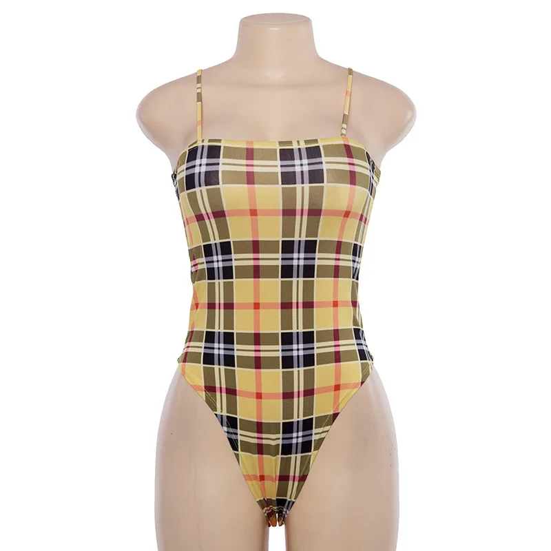 Ellolace الأصفر منقوشة يغرق ارتداءها عالية قطع مثير بذلة 2018 الساخن واحدة حزام أكمام مفتوحة المنشعب ارتداءها النساء