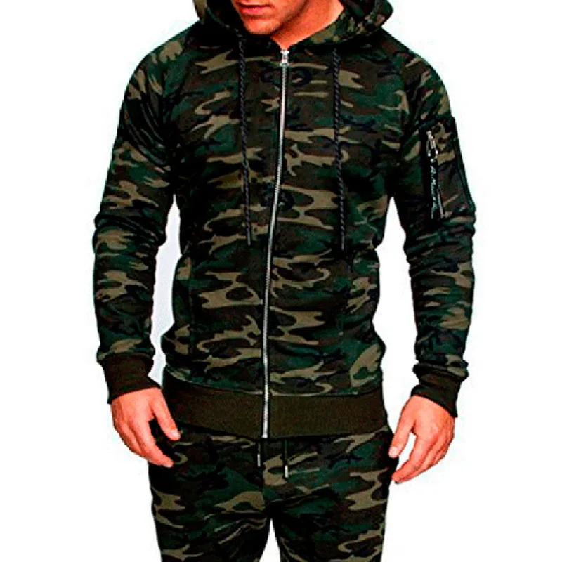 

Litthing 2Pc Sportwear Mens Camo zipper tracksuits Solid 2019 spring New Muscle Male Workout Tracksuit Hoodie Pants Suit Set