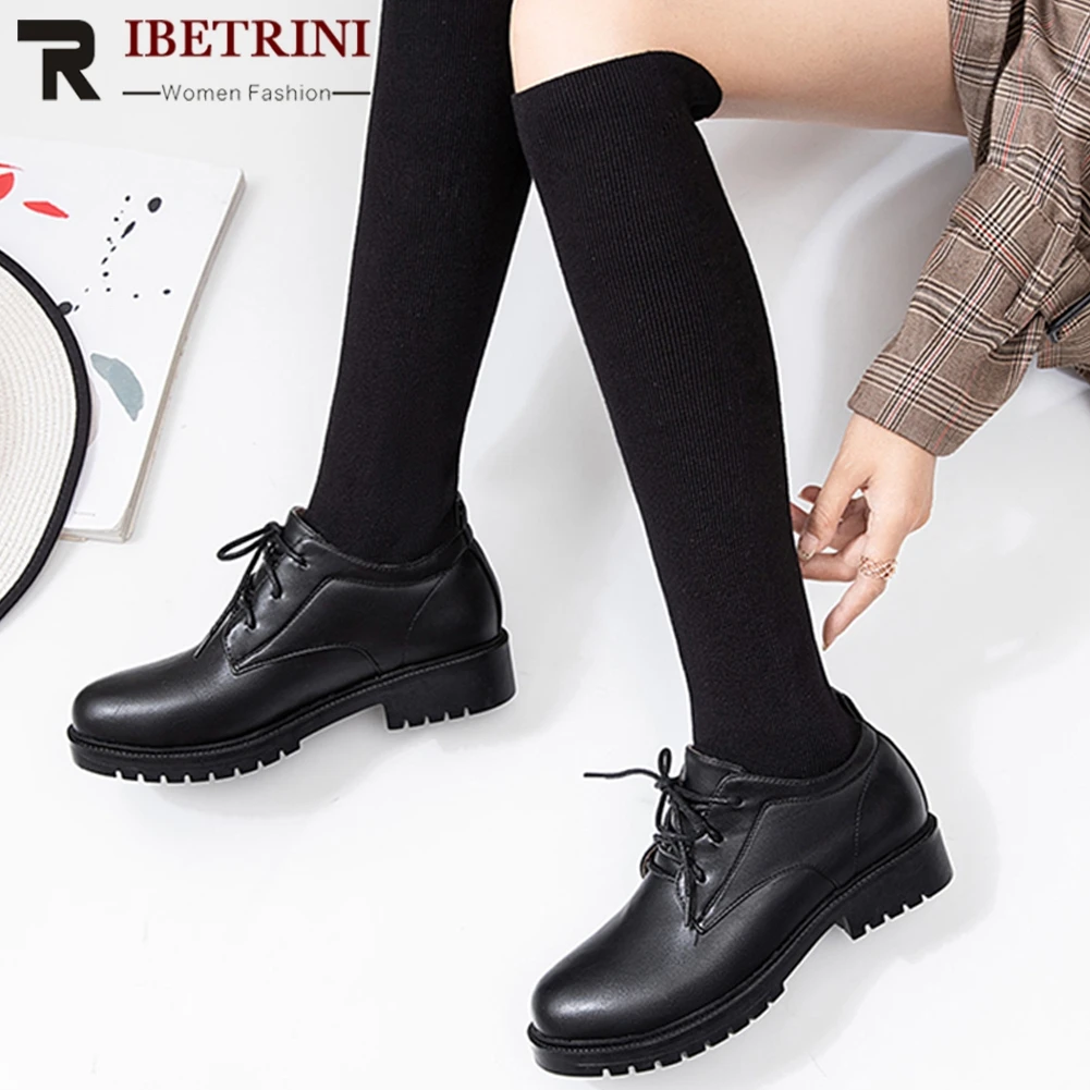 

RIBETRINI New Autumn Sweet Girl Fake Leather Knee High Sock Boots Women 2019 Large Size 32-43 Add Fur Shoes Woman Low Heels