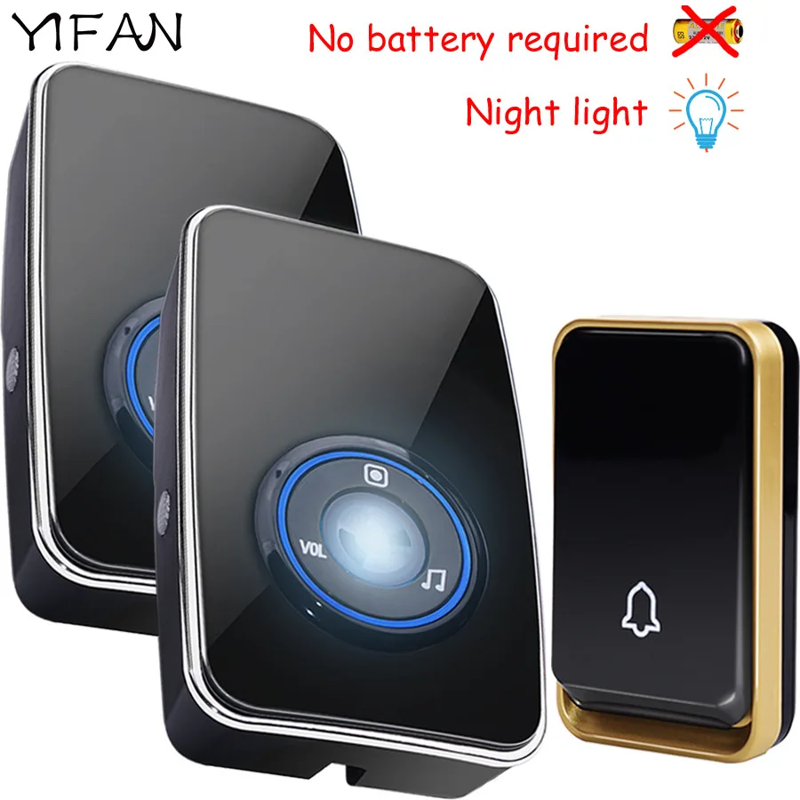 

YIFAN NEW self powered Wireless doorbell no battery waterproof night light sensor smart Door Bell EU plug 1 button 2 receiver