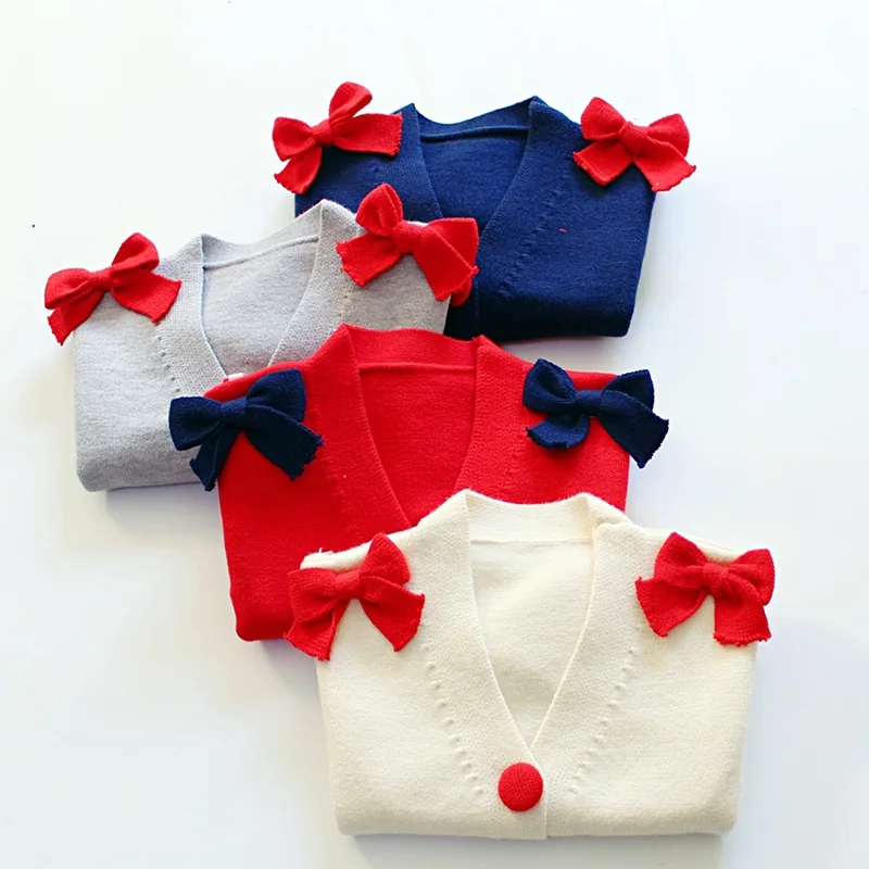 Bowknot Baby Girl Sweater Solid Color Sweet Princess Cardigan Button Closure Infant Kids Cotton Knitted Long-Sleeved V-Neck Coat (3)