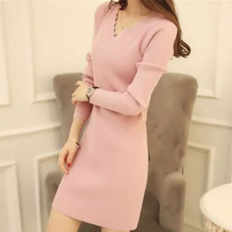 

Hot 2019 Autumn Women Knitt Dress Slim Wave Cut V-neck Long-sleeved Medium Length Dresses