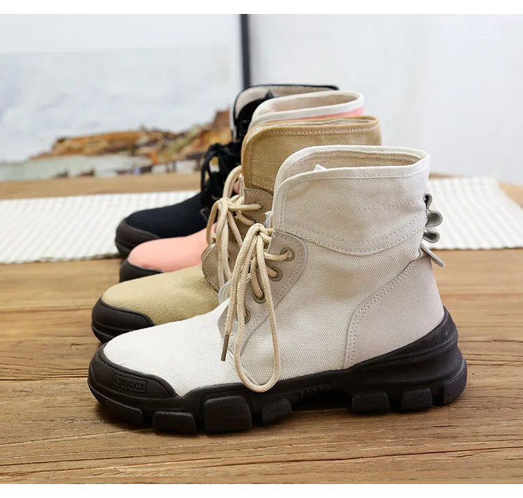 Tubo Estudiante rosado Solos Harajuku negro Planos caqui Viento Nuevo Beige Corea Lona Causales Corto Alta De Otoño Retro Zapatos Martin xvYg67qw4U