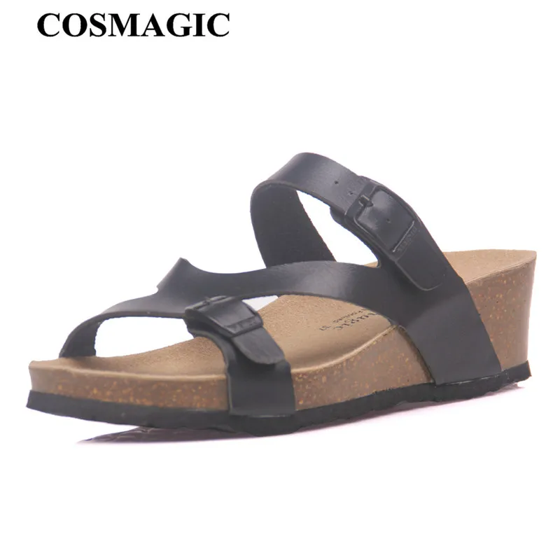 

COSMAGIC Fashion Women Wedge Cork Slipper 2019 New Summer Beach Outside Buckle Trifle Platform Med Heel Slide Shoe