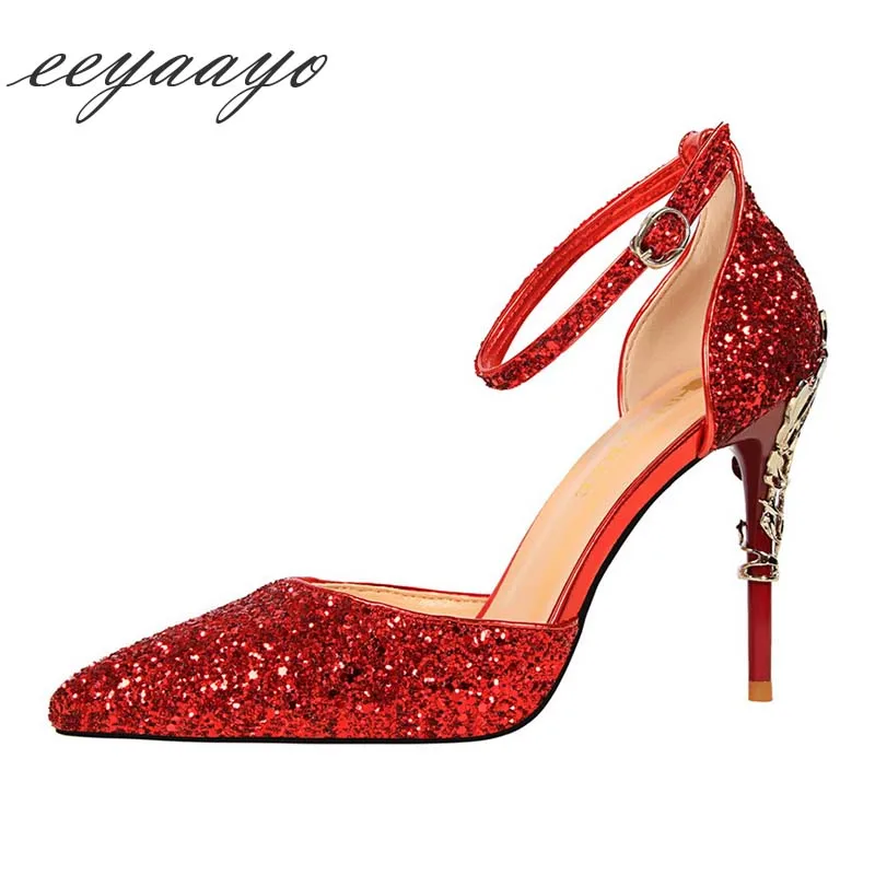 Г., новые летние женские босоножки пикантные женские свадебные туфли на высоком тонком каблуке с острым носком и пряжкой белые босоножки на высоком каблуке - Цвет: Red