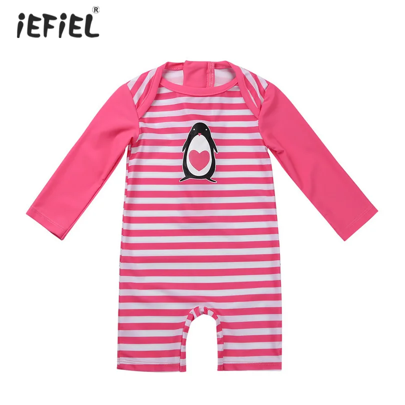 Kids Girls One piece Long Sleeves Swimwear Penguin Printed Striped Rash Guard Swimsuit Swimwear