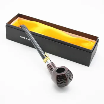 

1Pc New 255MM Durable Tobacco Wooden Pipe Resin Black Cigar Holder Filter Gift Box Hookah Accessory Smoking Pipe Christmas Gift