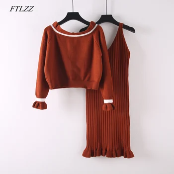 

FTLZZ Knitted Dress Suit 2 Piece Set Autumn Winter Women Sweater Pullover Tops+ Knee Dress High Waist Knitted Female Sets