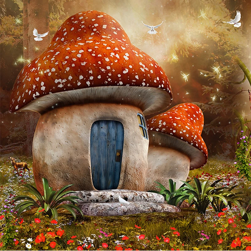 Пользовательские 3D Настенные обои мультфильм сказочный мир гриб дом бабочка цветок фото фон детская комната обои 3d
