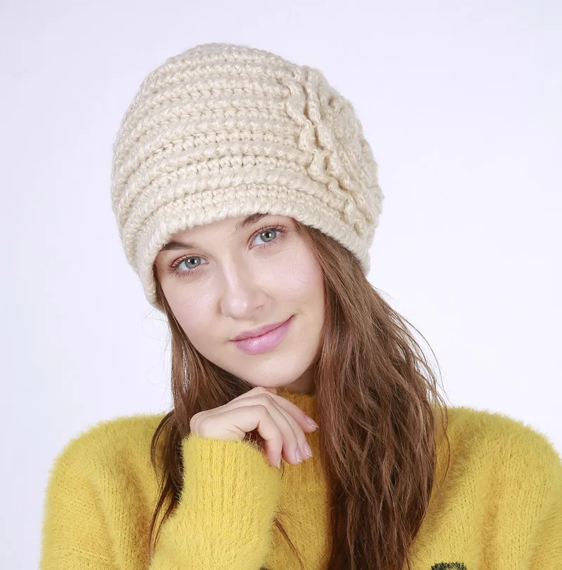 Осенне-зимняя женская шапка новая популярная ручная работа горизонтальные полоски большой цветок Модная вязаная шерстяная теплая женская