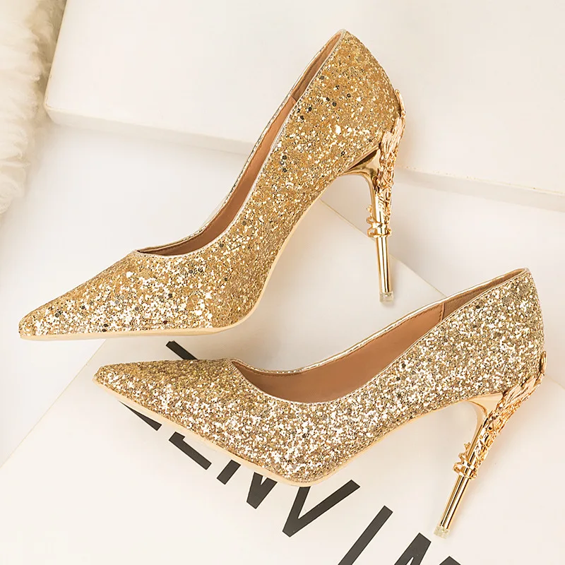 Ou Mo brand high quality sandals women?s High heels 10 cm Sequin Metal heel material Womens Party Shoes Nightclub Pump