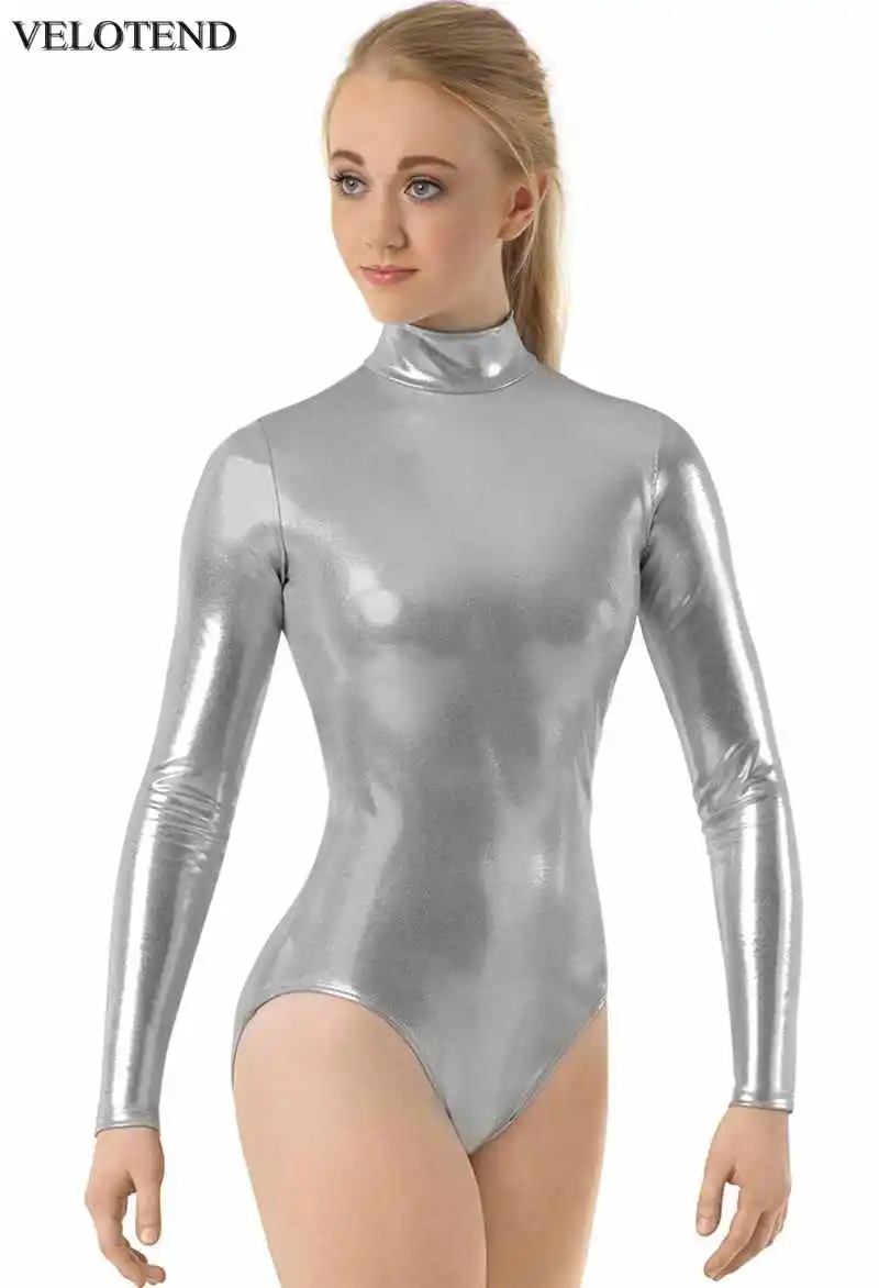 VELOTEND Girls Long Sleeve Metallic Leotard for Women Gymnastics Ballet Dance Leotards Shiny Zip Stage Performance | Тематическая