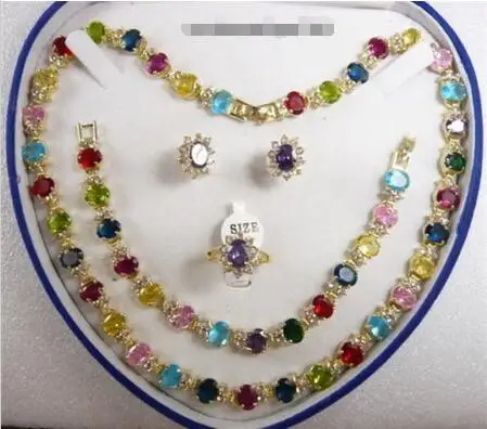 

Hot sale new Style >>>>>Multi-Colored Cubic Zirconia 18KGP Crystal Necklace Bracelet Earrings Ring Set