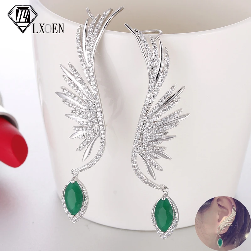 

LXOEN Fashion Wings Long Drop Earrings with Luxury Green Zircon Dangle Wedding Earings for Women Jewelry Gift