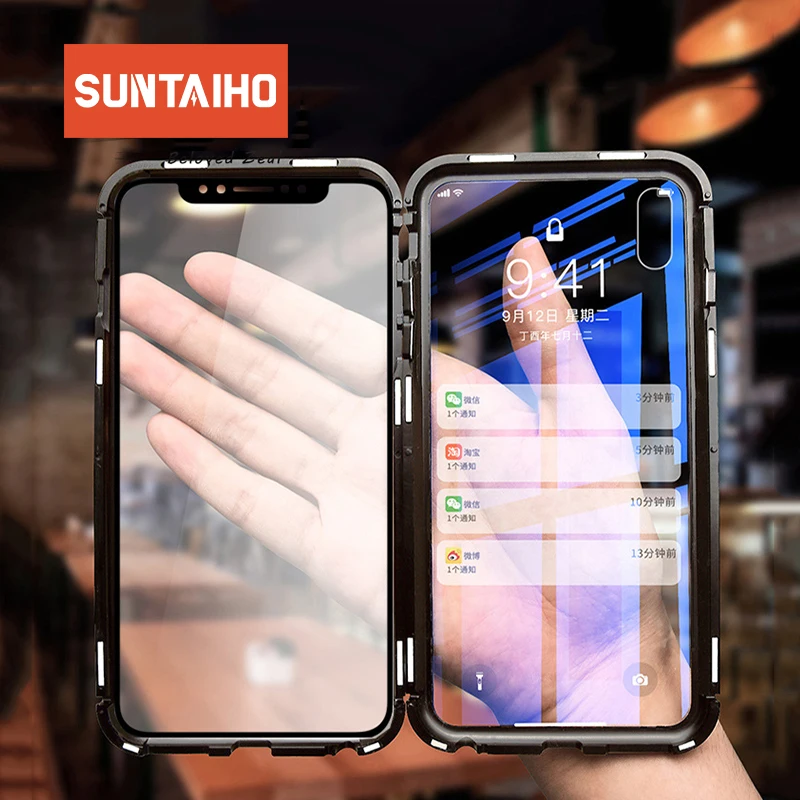 Suntaiho Magnetic Phone Case for iPhone X XS 8 7 plus Clear Tempered Glass Built-in Magnet Case for iPhone X XS 8 7 Metal Cover Suntaiho Magnetic Phone Case for iPhone X XS 8 7 plus Clear Tempered Glass Built-in Magnet Case for iPhone X XS 8 7 Metal Cover