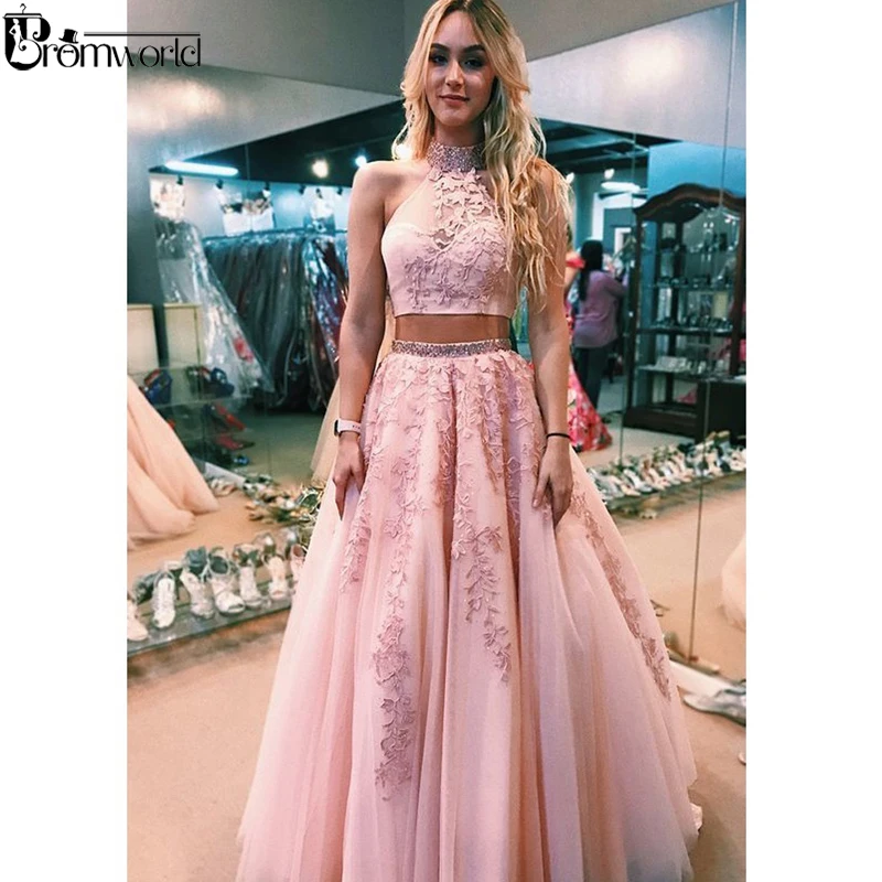 de fiesta largo de dos piezas con encaje y espalda descubierta, traje de noche rosa con cuello Halter, cuentas de tul, de graduación| - AliExpress