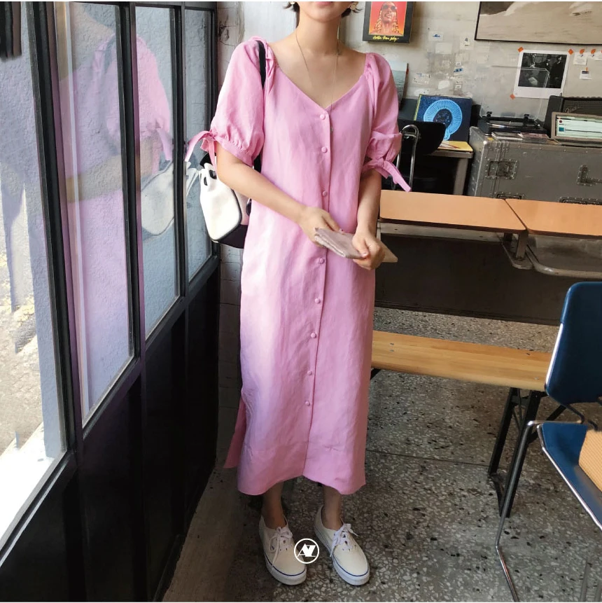 

Women Summer Long Dress Sexy V-neck Split Single Breasted Puff Sleeve Bow Tie Straight Loose Casual Vestidos De Verano