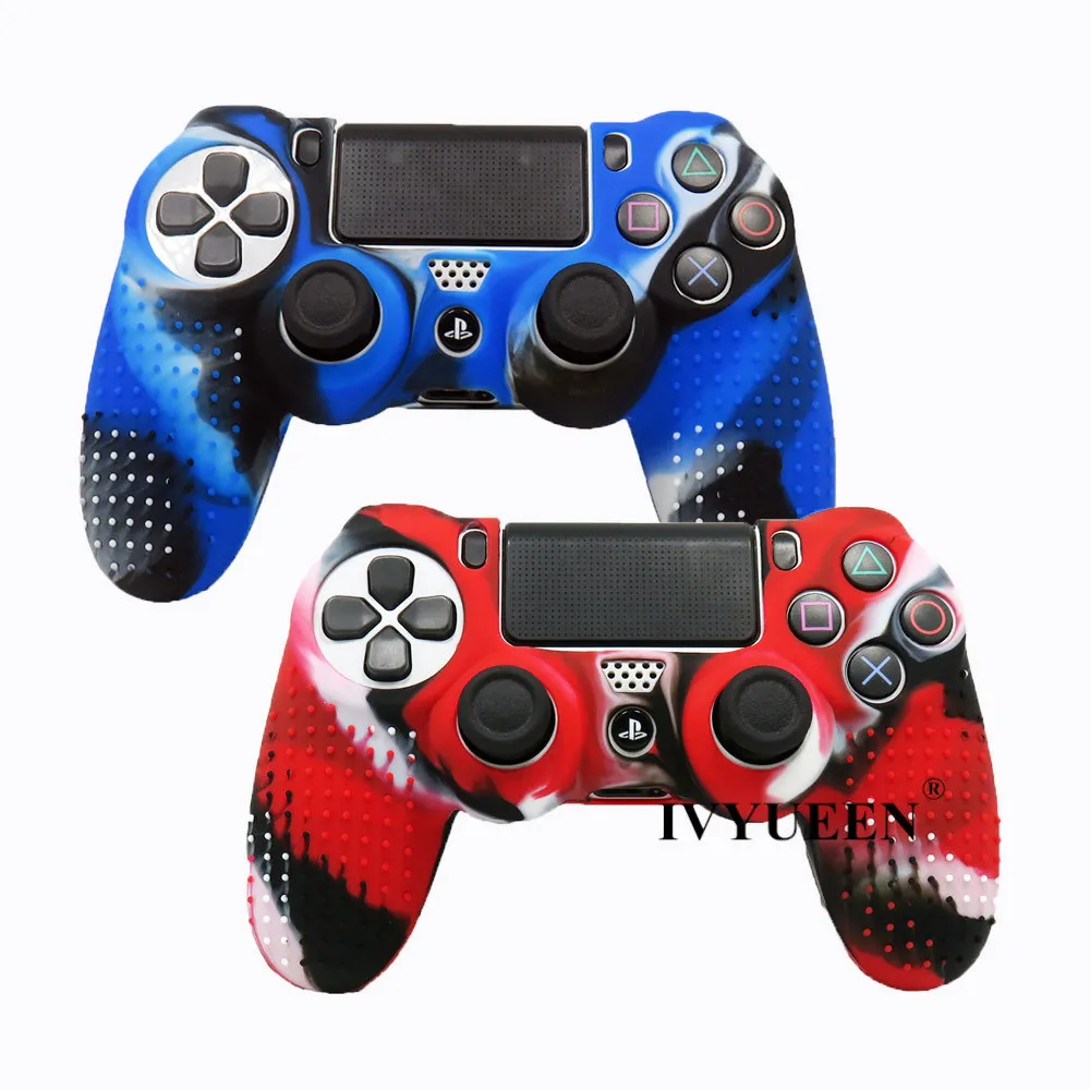 IVYUEEN 2 упак. противоскользящие силиконовая крышка кожи для sony Play Station Dualshock 4 PS4 Pro Slim контроллер(2 Чехол+ 4 ручки - Цвет: Camo Red and Blue