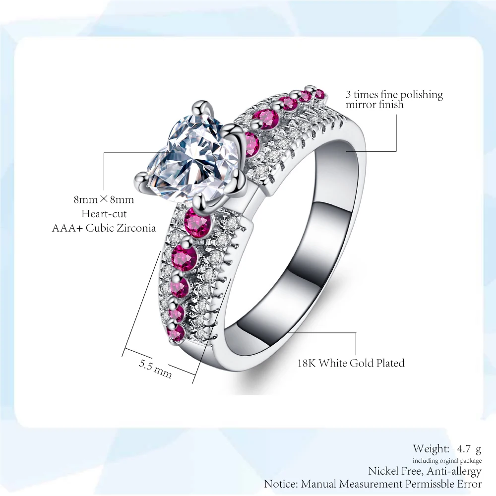 Double Fair Unique Love Heart Cubic Zirconia Trendy Engagement Rings White Gold Color Fashion Jewelry For Women DFDD016