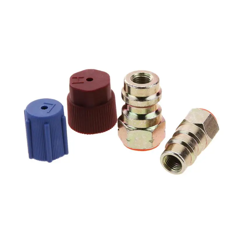 Red Blue Car Retrofit 7/16 to 3/8 Conversion Adapter R12 to R134a High/Low Voltage AC Fitting for Automobiles Air Conditioner
