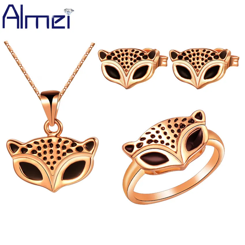 

Almei African Silver Color Animal Jewelry Sets Fox Charms Enamel Jewelry Earrings Ring Necklace Set Women Ladies Jewellery T185