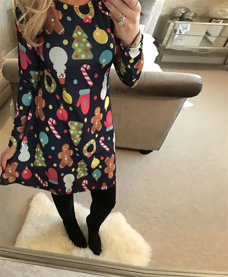 4XL 5XL Large Size Dress Casual Printed Cartoon Christmas Dress Autumn Winter Long Sleeve A-line Dress Plus Size Women Clothing